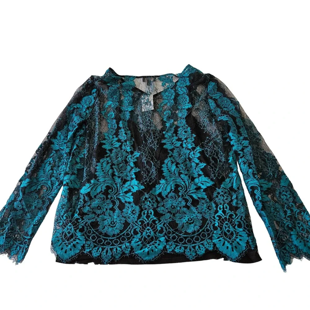 NWT The Limited Sz L Turquois & Black Lace Fairy Whimsigoth Sheer V-neck Blouse‎